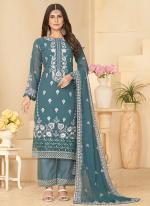 Faux Georgette Blue Traditional Wear Embroidery Work Straight Suit